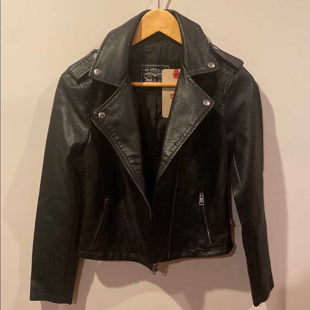 Levi's Black Leather Cropped Jacket with Wide Collar - Picture 1 of 10